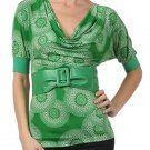 Cowl Neck Printed Top Belted Blouse w/ Dolman Sleeves