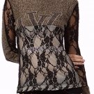 Lace Overlay Cotton Knit Top Long Sleeve Sweater w/ Rhinestone Double V detail