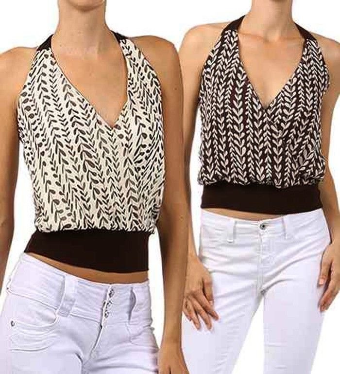 New Chiffon Halter Lined Leaf Print Top Sleeveless Blouse Fashion Central