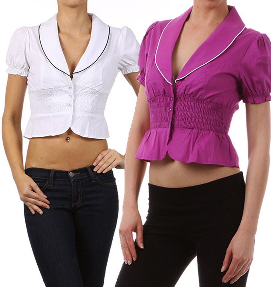 Midriff Cotton Collared Smock Top _ Cropped Button Down Blouse