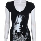 V-Neck Short Sleeve Top Rhinestone Flower Child Face Cotton T-Shirt