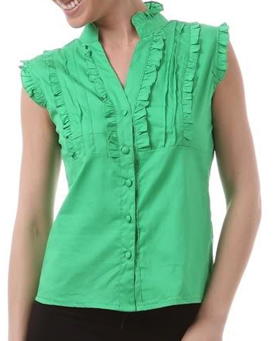 New Cap Sleeve Button Down Shirt 100% Cotton Top with Ruffles Fashion Central