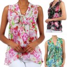 Chiffon Floral Printed Button Down Shirt Neck Tie Sleeveless Top