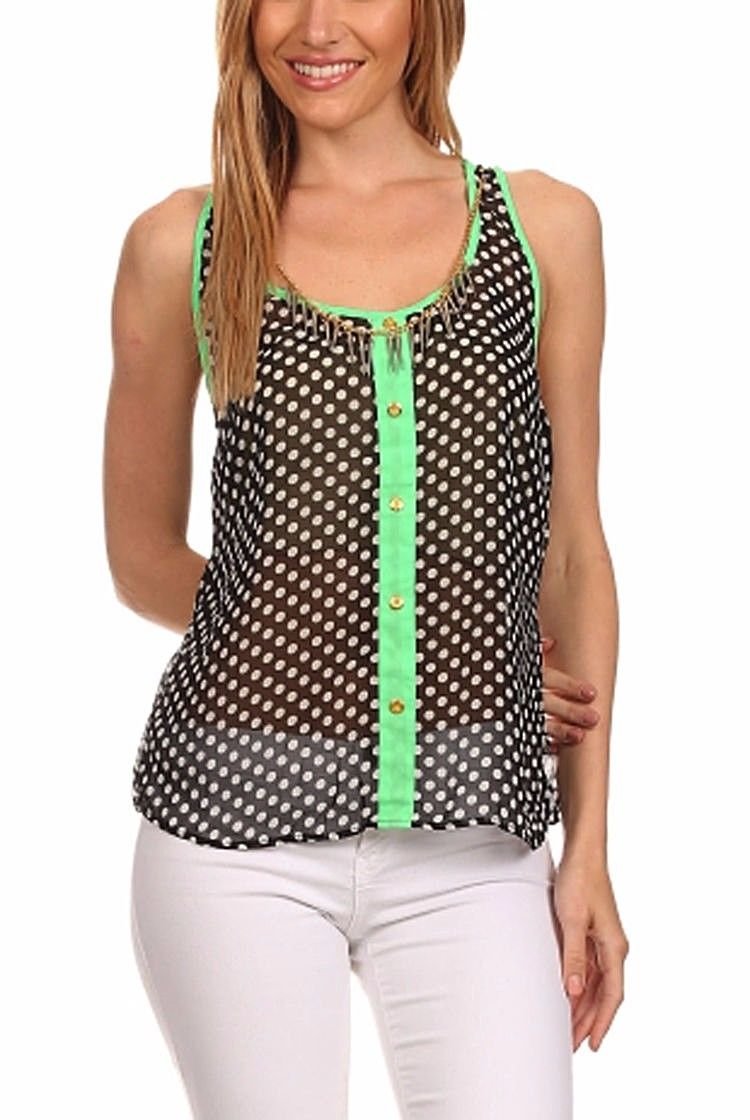 Sleeveless Chiffon Blouse Polka Dot Button Down Chain Embellished Racerback Top