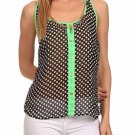 Sleeveless Chiffon Blouse Polka Dot Button Down Chain Embellished Racerback Top