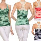 Tie Dye Vented Sleeveless Ribbed Racerback Tank Top with Lace Crochet Back