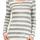 Long Sleeve 3 Button Henley T-Shirt w/ Wide Stripes