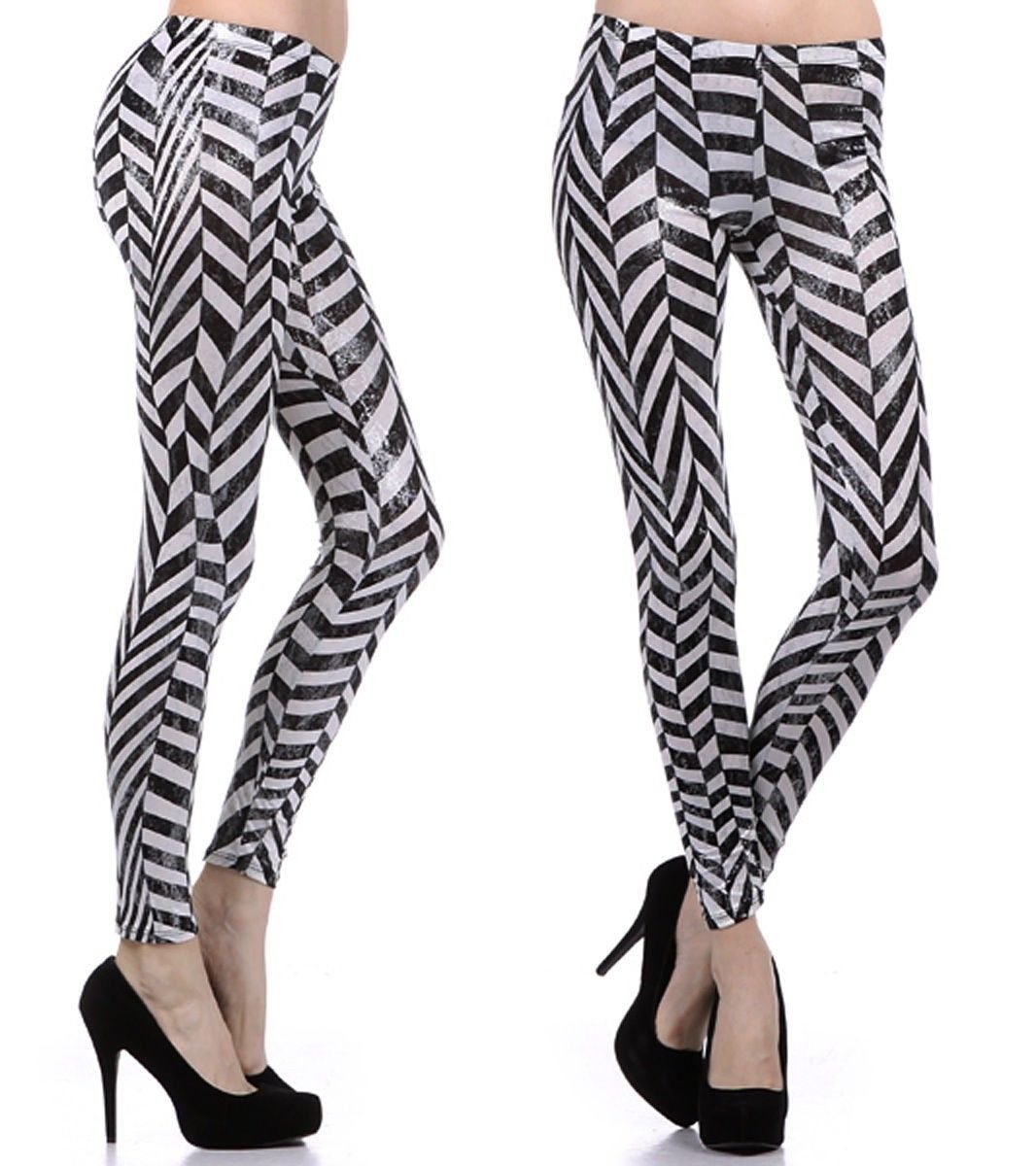 Metallic Zig Zag Stretchy Black Ivory Leggings