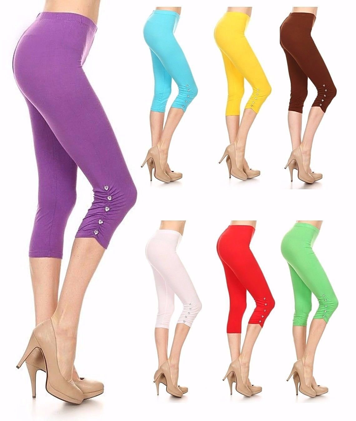 Casual Stretchy Solid Knit Capri Leggings w/ Jewel Embellishments FREE SHIPPING