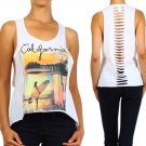 100% Cotton "California Dream" High Low Asymmetric Summer Tank Top Shredded Back