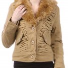 100% Cotton Ruched Faux Fur Trimmed Jacket