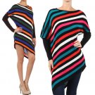 Striped Silk Cotton Blend Tunic Asymmetric Hem Sweater Dress w/ Batwing Sleeves