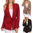 Crochet Knit Long Sleeve Wrap Cardigan w/ Shawl Collar & Belted Waist