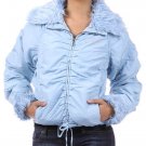 XOXO Rhinestoned Puffer Baby Blue Faux Fur Ruched Jacket Fashion Central