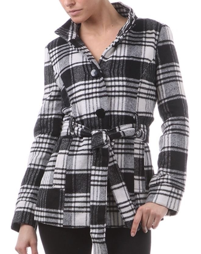 Black White Plaid Belted Collared Jacket Wool Blend Coat