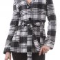 Black White Plaid Belted Collared Jacket Wool Blend Coat