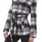 Black White Plaid Belted Collared Jacket Wool Blend Coat