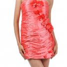 Strapless Ruched Wedding Peach Cocktail Dress w/ Taffeta Floral Detailing