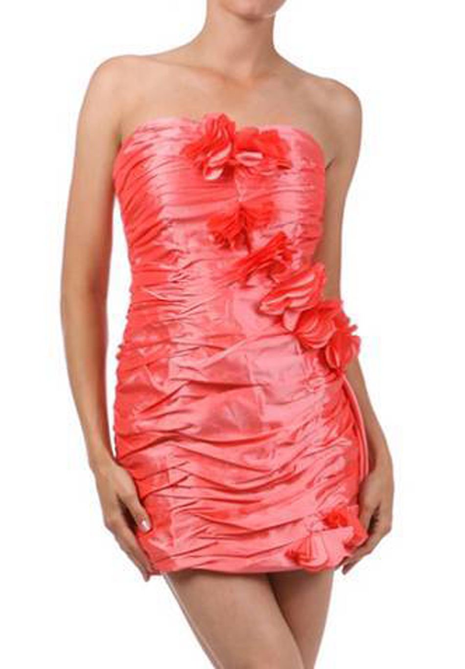 Strapless Ruched Wedding Peach Cocktail Dress w/ Taffeta Floral Detailing