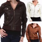 Knit Collar Moto Zipper Pockets Faux Leather Motorcycle Jacket