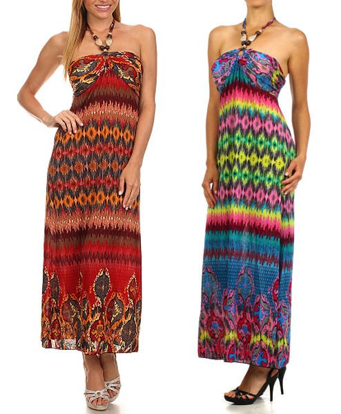 Silk Blend Multi-Color Aztec Maxi Dress w/Beaded Halter