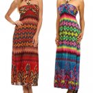 Silk Blend Multi-Color Aztec Maxi Dress w/Beaded Halter