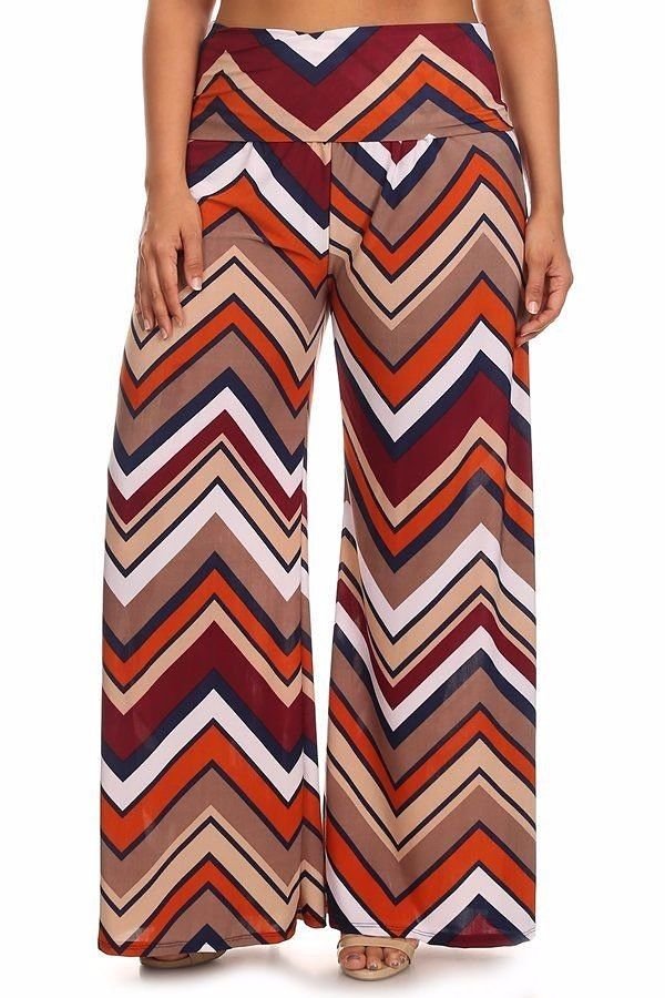 Zig Zag Print Fold Over Waist Long Wide Leg Palazzo Lounge Pants