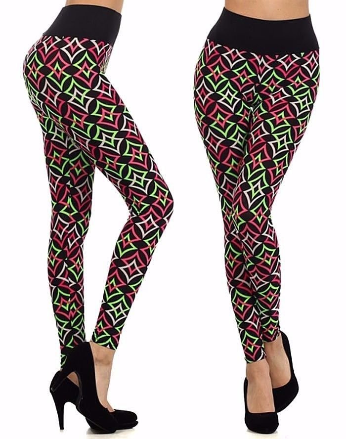 Multi-Color Geometric Illusion Print Leggings w/ Elastic Waist