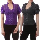 Short Sleeve Lace & Ruffle Top with Rhinestone Detailing