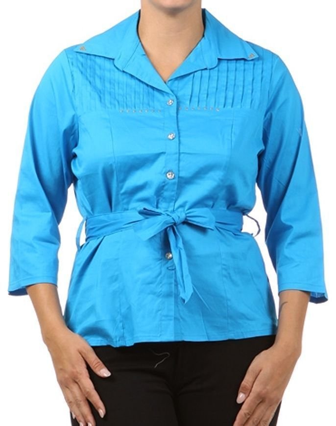 Woman's Rhinestone Button Down Cotton Belted Shirt