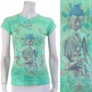 New Woman's Juniors Super Soft T-Shirt Green Graphic Hindu Praying Vishnu