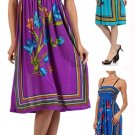 Silk Floral Printed Smock Casual Summer Dress w/ Empire Waist & Striped Trim