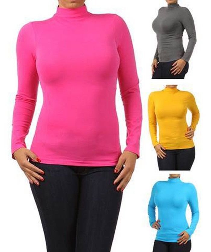 New  Basic Fitted Turtleneck Nylon Mock Neck Top Several Colors Fashion Central