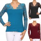 Lace Scalloped V-Neck Top Long Sleeve Cotton T-Shirt Fashion Central