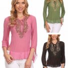 Sheer Crinkled Bohemian Top w/ Sequin Embroidery Fashion Central