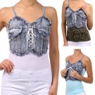 Distressed Denim Stretchy Tank Sleeveless Cotton Lace Up Top