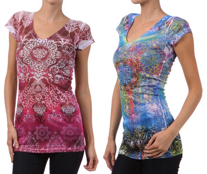 Sheer Graphic Light Weight Top Cap Sleeve V-Neck T-Shirt