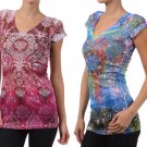 Sheer Graphic Light Weight Top Cap Sleeve V-Neck T-Shirt