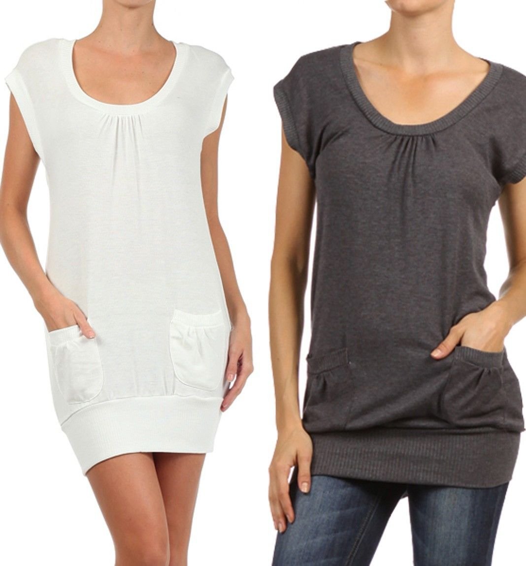 New Short Sleeve Crew Neck Sweater Dress Knit Tunic w/ Pockets Fashion Central