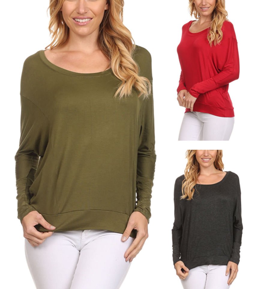 Long Sleeve Dolman Batwing Sleeve Lightweight Top w/ Banded Hem Fashion Central