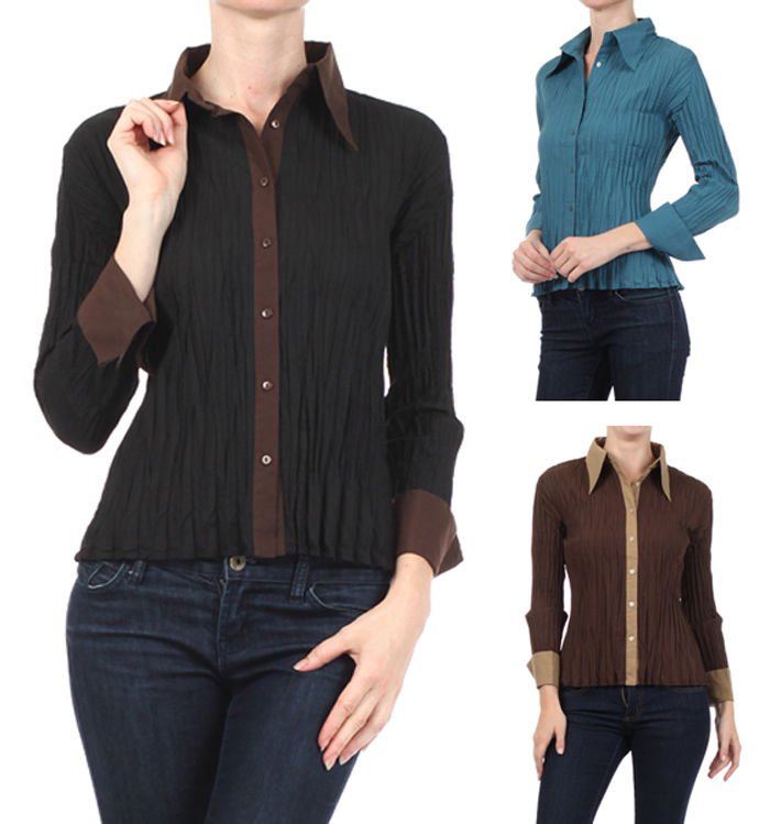 Long Sleeve Button Down Crinkled Collared Blouse Top Fashion Central