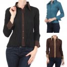 Long Sleeve Button Down Crinkled Collared Blouse Top Fashion Central