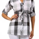 Plaid Button Down 3/4 Sleeve Tunic Top w/ Tie Front Fashion Central