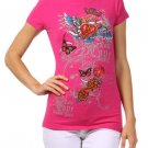 Cotton Crew-Neck Biker T-Shirt w/ Butterfly & Rose Rhinestone Detailing