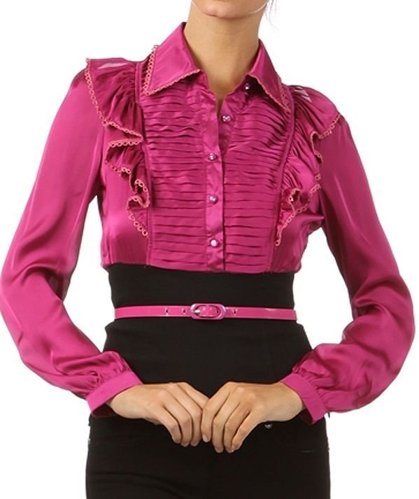 New Silky Satin Tiered Ruffle Blouse Belted Top w/ Long Sleeve Fashion Central