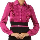 New Silky Satin Tiered Ruffle Blouse Belted Top w/ Long Sleeve Fashion Central