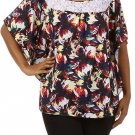 Woman's Multi-Color Blouse Floral Top w/ Batwing Sleeves & Lace Trim