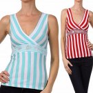 Sleeveless Striped Tank V Neck Blouse Rhinestone Detail Top