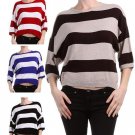 New 3/4 Sleeve Striped Cotton Boat Neck Knit Top Light Sweater