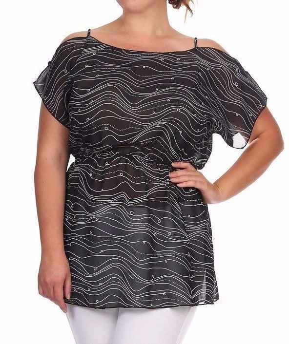 Chiffon Top with Swirl Design Open Shoulder Blouse